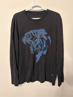 Just cavalli Men's Black Long-Sleeve Graphic Shirt with Blue Panther Design